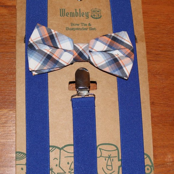 Wembley Bow Tie & Suspender Set Blue Plaid - Picture 1 of 4